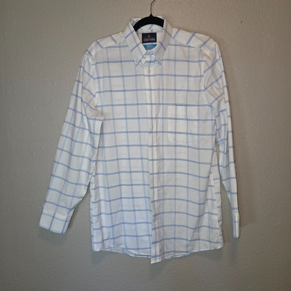 Stafford CoolMax White & Blue Windowpane Check Dress Shirt - Slim Fit